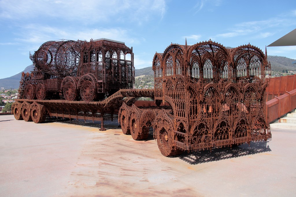 Gothic Truck by Wim Delvoye laser-cut steel sculptures Mona Museum Tasmania Australia