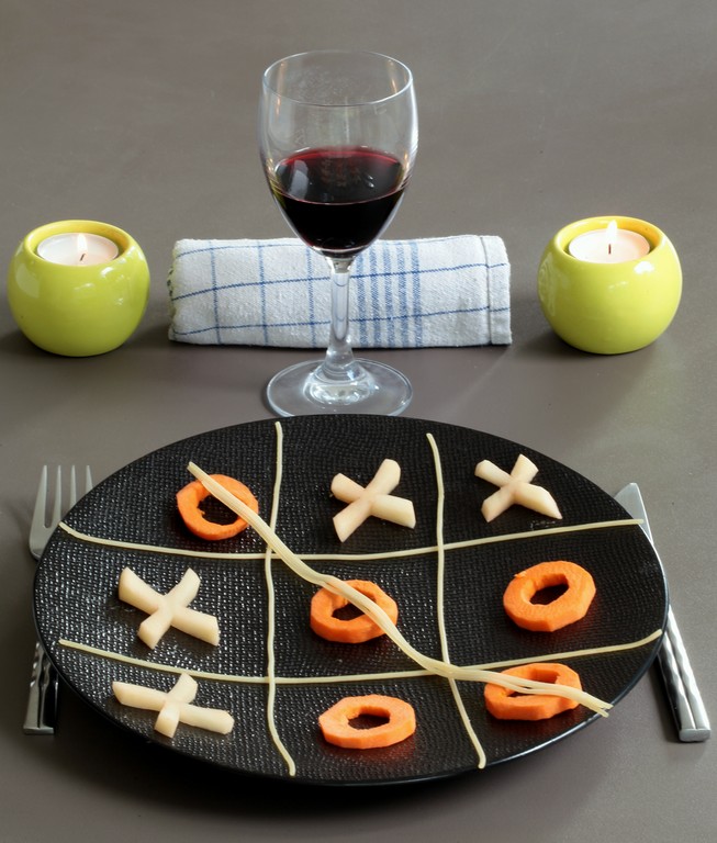 Food Game tic-tac-toe table plate wine candle